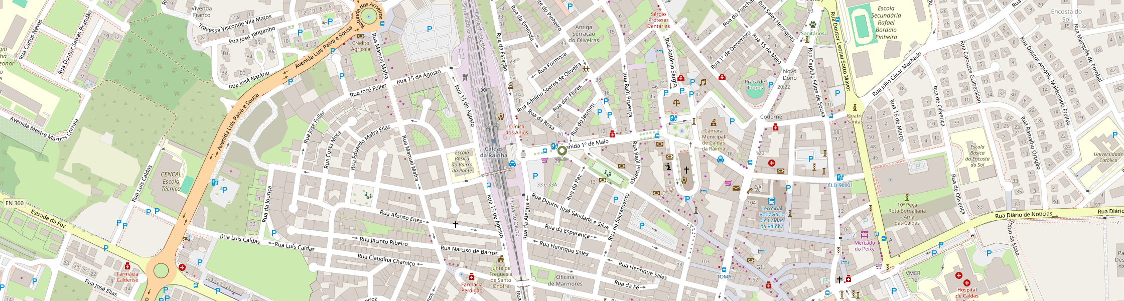 Mapa da Avenida 1&ordm; de Maio, junto ao Parque D. Carlos I, nas Caldas da Rainha, com a localiza&ccedil;&atilde;o do consult&oacute;rio assinalada.